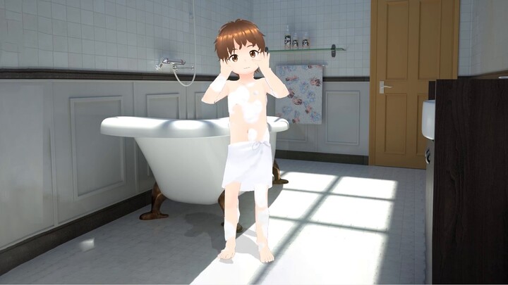 Little boy playing in the bathroom