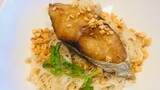 Pan fried Mackerel cutlet with wai wai noodles and crispy garlic super easy and simple