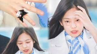 带着库洛米戒指小熊妮，jennie脸部受伤后飞巴黎时装周机场