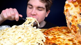 ASMR CREAMY FETTUCINE ALFEDO & EXTRA CHEESY PIZZA MUKBANG | WITH RANCH & GARLIC BREAD