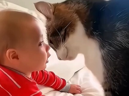 ลูกน้อยกับน้องแมวคอยเป็นเพื่อนกัน พร้อมกันเติบโตอย่างมีความสุขนะ!