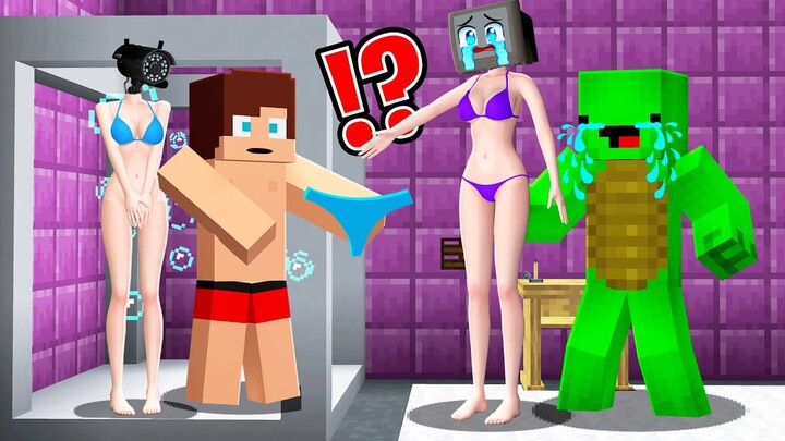 JJ and CAMERA WOMAN take a SHOWER! TV WOMAN and Mikey is SAD in Minecraft - Maizen