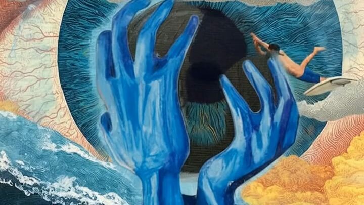 Surfer riding near giant eye