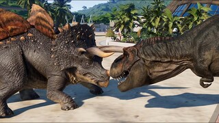 2 T-Rex & 2 Stegoceratops Breakout & Fight! Jurassic World Evolution (4K 60FPS)