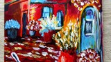 A bright acrylic painting. A town and a cup on the stairs