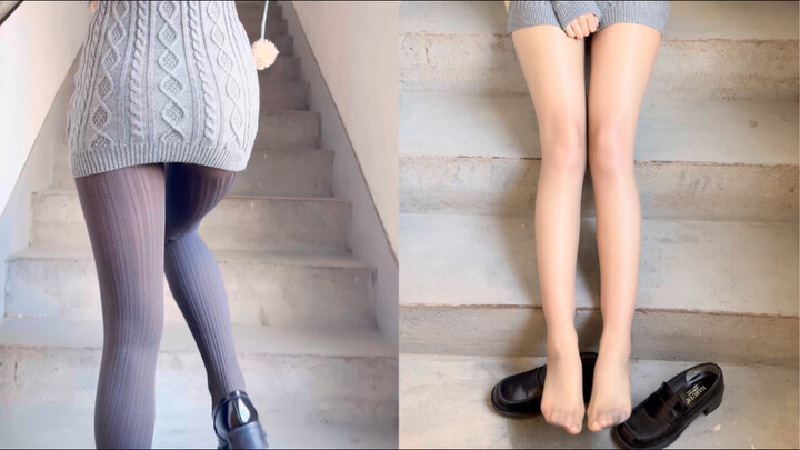 Staircase outfit: Which looks better—gray sweater with thick gray or glossy gray?