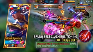 BRUNO BEST CLASH POSITIONING GUDIE (best free hit) | BRUNO BEST BUILD AND EMBLEM MLBB