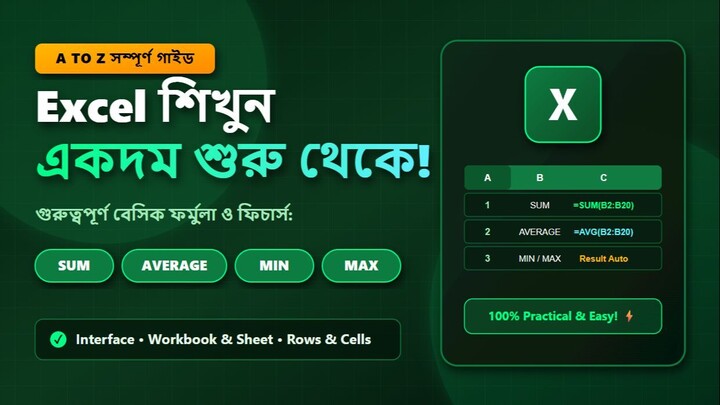 MS Excel শিখুন শুরু থেকে! Excel Interface & Basic Formulas (SUM, AVERAGE, MIN, MAX) in Bangla