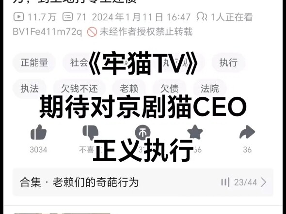 《牢猫TV》期待对京剧猫CEO正义执行，另外要说一句这个视频与下面的推送对于京剧猫来说简直是一个好结局，坏结局。如果京剧猫CEO杜总能积极还钱。京剧猫就有救了