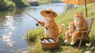 The cat family fished by the river and went home to cook garlic-flavored fish.
