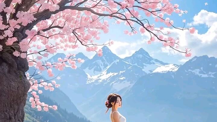 beautiful cheery bloosom with beautiful girl👩 and cute 🐕