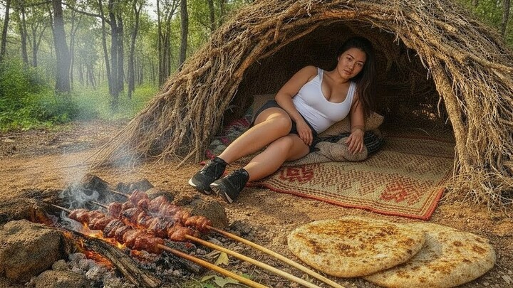 I Built a Forest Shelter Inside a Giant Tree for Overnight  24 Hours of Building