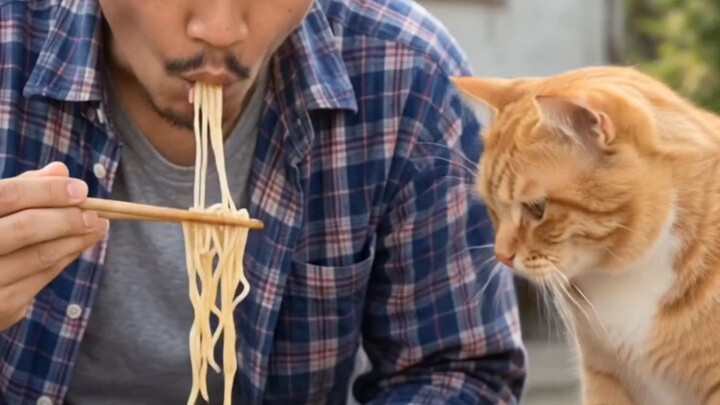 Just minding my own business eating noodles when—that mischievous orange cat...