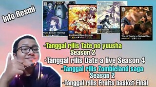 Tanggal Rilis Tate no yuusha s2,Date a live s4,Zombieland saga s2,Fruits basket the final |Info anim