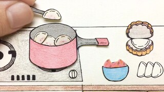 [Animasi stop-motion yang digambar tangan] Membuat pangsit di dapur di atas kertas, dengan bantuan m