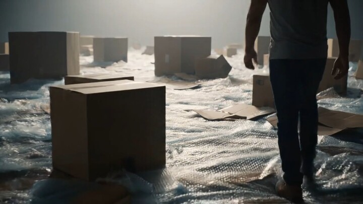 man walks over a surreal realistic landscape where the ground is made of bubble wrap plastic and car