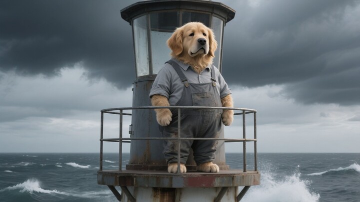 The golden retriever dad was assigned the task of guarding the lighthouse, and he persevered through