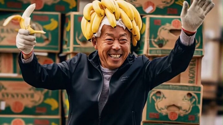 The banana on his head shines like a crown—he dares not look down, for fear it’ll fall off.
