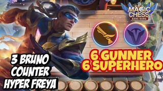 3 BRUNO SUPER GUNNER ! 6 SUPERHERO 6 GUNNER - FREYA 1X HIT HILANG ! MAGIC CHESS MOBILE LEGENDS