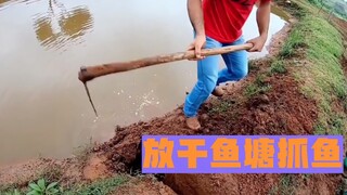 这个鱼塘是男子花了2000块钱承包的，他要把里面的水放干