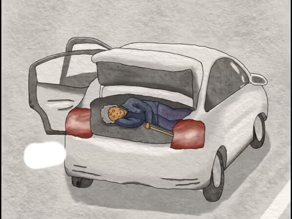 คนชรากลัวจะทำรถสกปรกจึงนอนลงในกระโปรงท้ายรถยนต์ขณะเดินทางเข้าเมืองเพื่อพบแพทย์