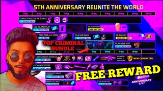 NEW UPDATE 😂 TOP CRIMINAL BUNDLE RETURN FREE FIRE | 5th ANNIVERSARY CALENDAR EVENT FREE REWARD