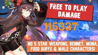 Free To Play 100K+ Hu Tao Damage [No 5 Star Weapons, Bennet, Mona, Food Buffs]│Genshin Impact