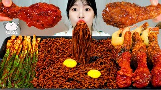 ASMR MUKBANG| 직접 만든 짜파게티 양념치킨 파김치 먹방 & 레시피 FRIED CHICKEN AND BLACK BEAN NOODLES EATING