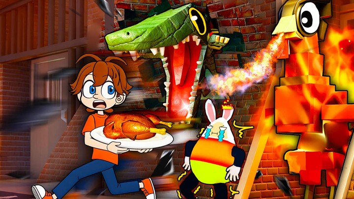 ركوب المصعد إلى تحت الأرض لسرقة بيض التماسيح، ثم مطاردة محمومة من ديك رومي عملاق وإنسان تمساح على ام