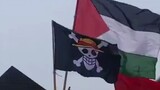 This... One Piece's straw hat flag appeared in the crowd at a Palestinian-related speaking event.