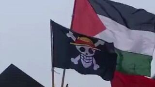 这……在某处巴勒斯坦相关演讲活动人群中出现了海贼王的草帽骷髅旗子