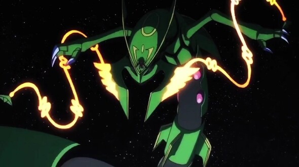 A boy riding a Rayquaza in outer space