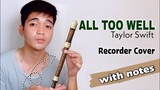 Taylor Swift - ALL TOO WELL | Recorder Flute Cover with Easy Letter Notes and Lyrics