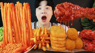 ASMR MUKBANG 떡볶이 & 양념 치킨먹방! 치즈 볼 FIRE Noodle Tteokbokki & FRIED CHICKEN & CHEESE BALL EATING SOUND!