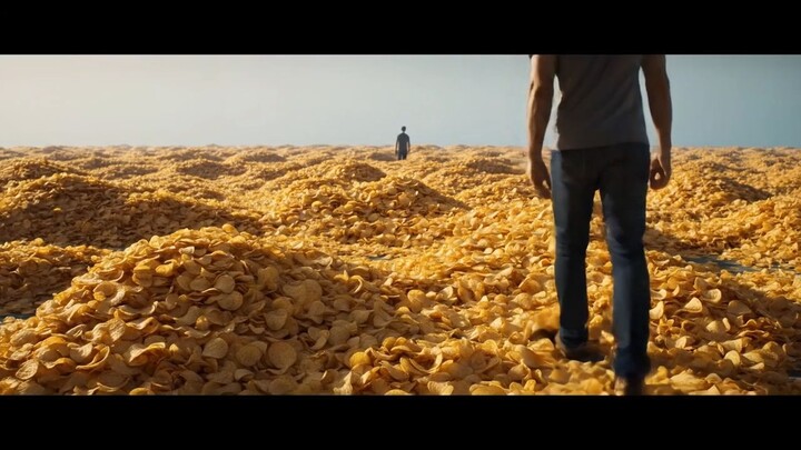 man walking through a surreal endless landscape made of potato chips