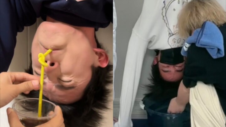 Ao Ruipeng drinks Coke while standing upside down. Li Hongyi washes his hair while standing upside d