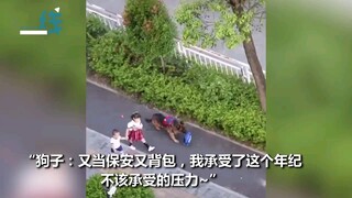 大狗狗接小主人放学， 早早等在马路边， 肩扛嘴叼拿书包领他们回家