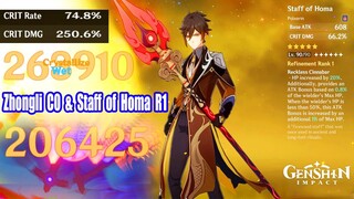 Genshin Impact - Staff of Homa R1 & Zhongli C0 Damage Show - 250% Crit DMG OneShot Dvalin