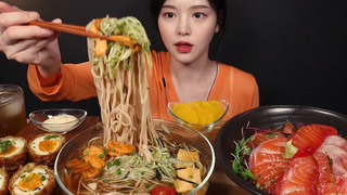 SUB) ~ !(ft) Salmon Sashimi Rice Bowl & Cold Noodles Mukbang Asmr