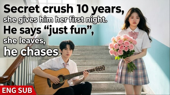 Secret crush 10 years, she gives him her first night. He says "just fun", she leaves, he chases