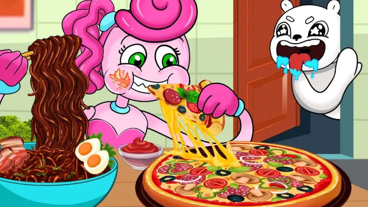 Korea Food Challenge! Delicious Poppy Playtime x Boobo | Mukbang Cartoon Cheese Pizza, Black Noodles