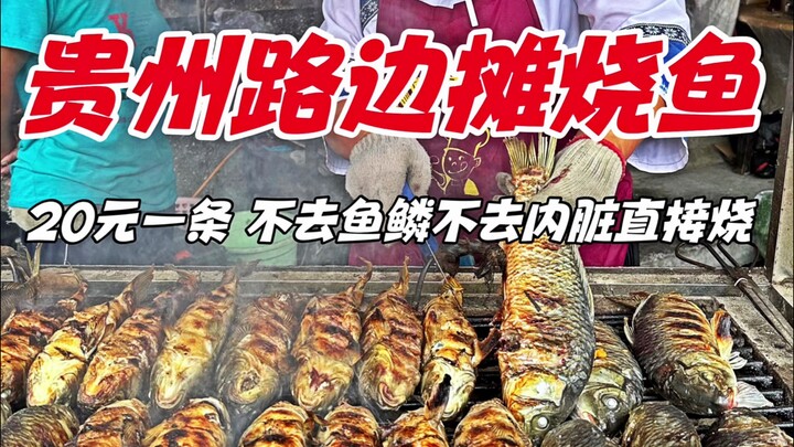 贵州路边摊烧鱼，20元一条，不去鱼鳞不去内脏直接烧