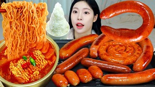 ASMR MUKBANG| 직접 만든 부대찌개 소세지 먹방 & 레시피 FRIED SAUSAGES AND FIRE NOODLES EATING
