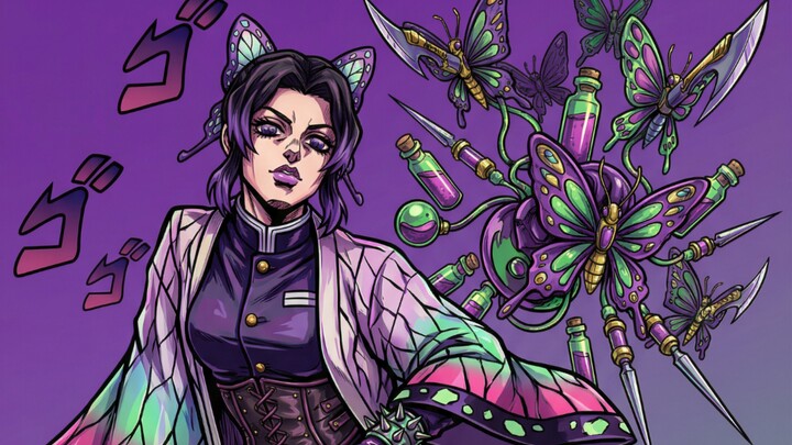 Open Demon Slayer in the art style of JoJo’s Bizarre Adventure—every character is terrifyingly stron