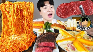 ASMR MUKBANG 열라면 & 떡볶이 & 치즈 통스팸 & 스테이크 FIRE Noodle & STEAK & CHEESE SPAM EATING SOUND!
