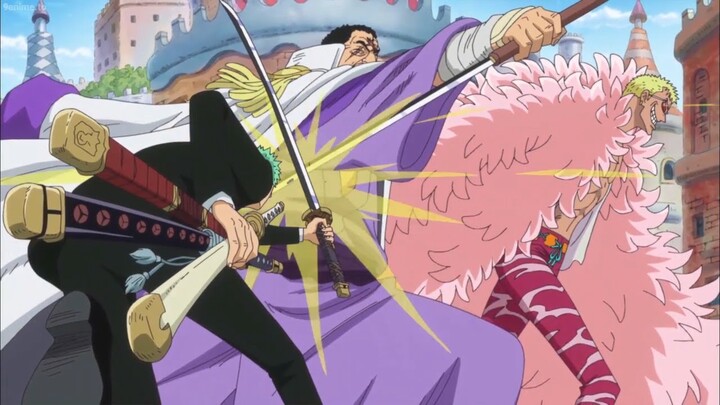 Fujitora attacks Zoro to protect Doflamingo, a duel between the 1st swordsman and a Marine admiral