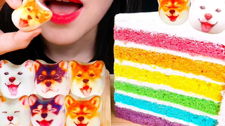 MUKBANG ASMR RAINBOW CAKE SHIBA DOG MARSHMALLOW เค้กเรนโบว์ ชิบะอินุ Marshmallow Muk แสดงเสียงการกิน