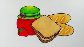 Menggambar roti dan selai || Cara menggambar dan mewarnai roti