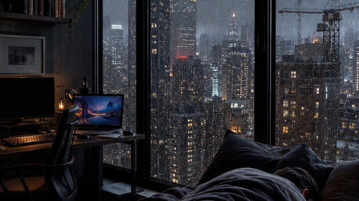 Uban city rainy night, peaceful sleep in warming cozy room