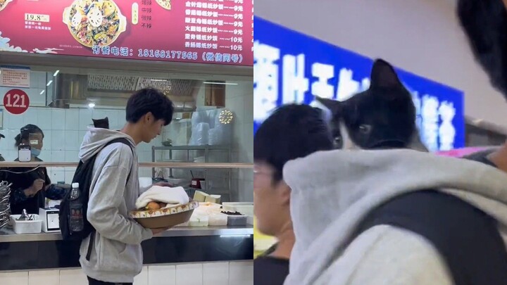 So cute! Handsome guy finds a stray cat, keeps it outside the dorm, and even puts it in a hat to tak